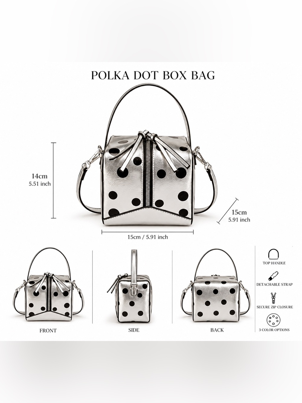 Silver Polka Dot Box Bag Retro Mod Top Handle Crossbody Satchel - Picture 4 of 13